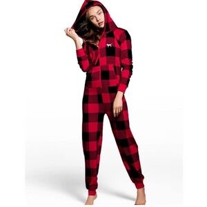 New Xs VS PINK Red Buffalo Plaid Sherpa Hoodie Onesie PJs